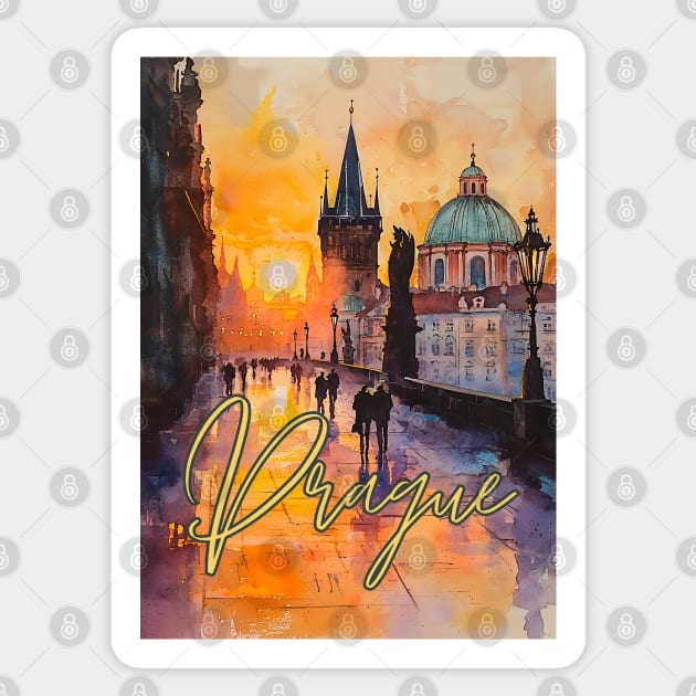 Prague Sunset Gothic Skyline Poster – Watercolor Travel Print Sticker by TuncGK